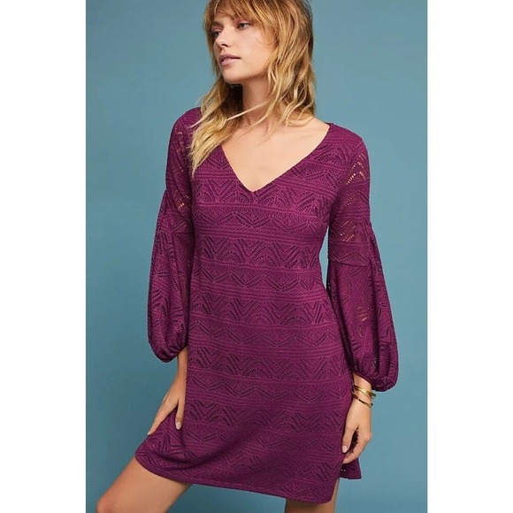 Anthropologie Dresses & Skirts - NWOT Anthropologie Maeve XS Dress Shift Balloon Sleeve Mini Vneck Crochet‎